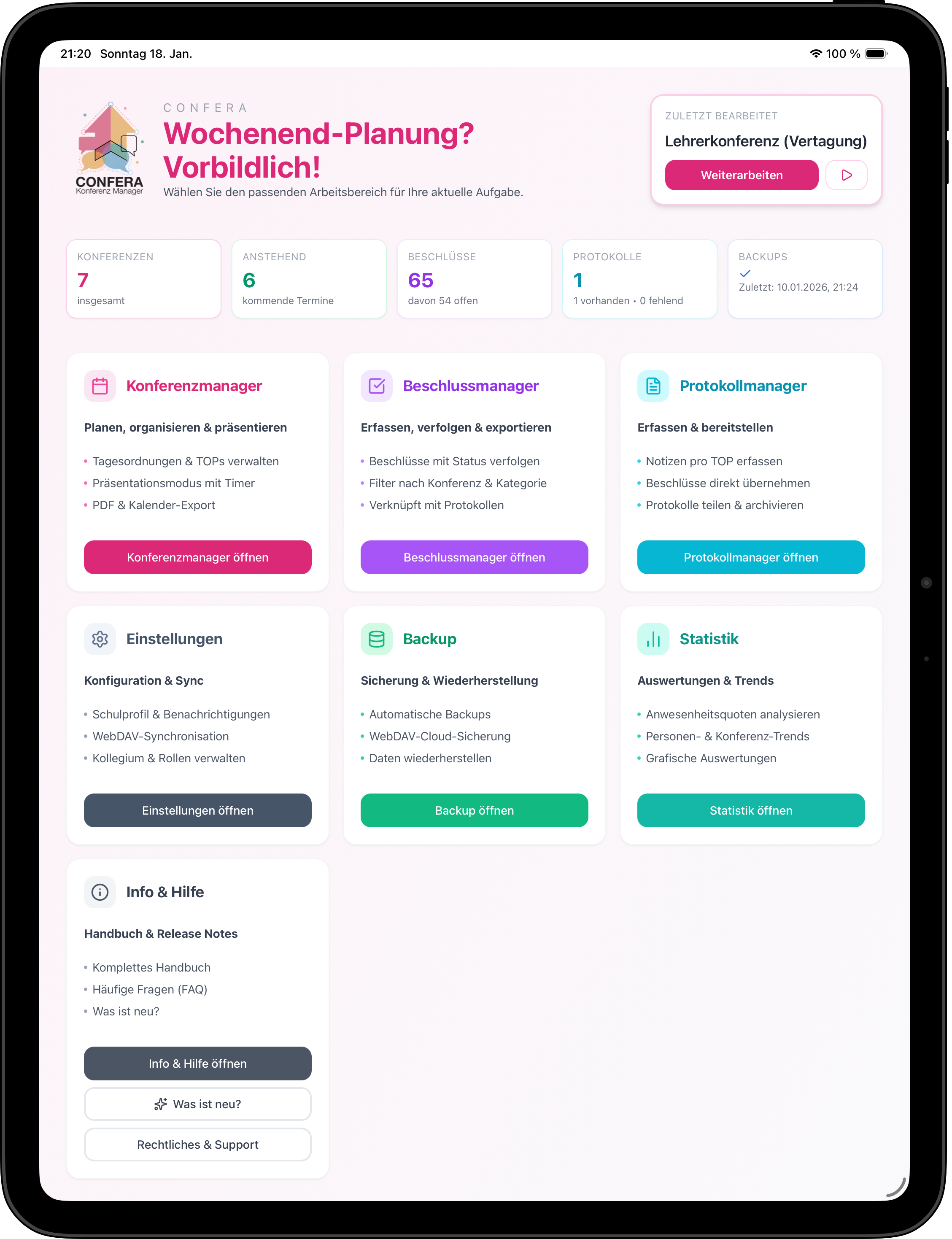 Confera Konferenzmanager für Schulen – iPad App Übersicht mit Konferenzverwaltung, Beschlussmanager, Protokolle und Kollegiumsverwaltung