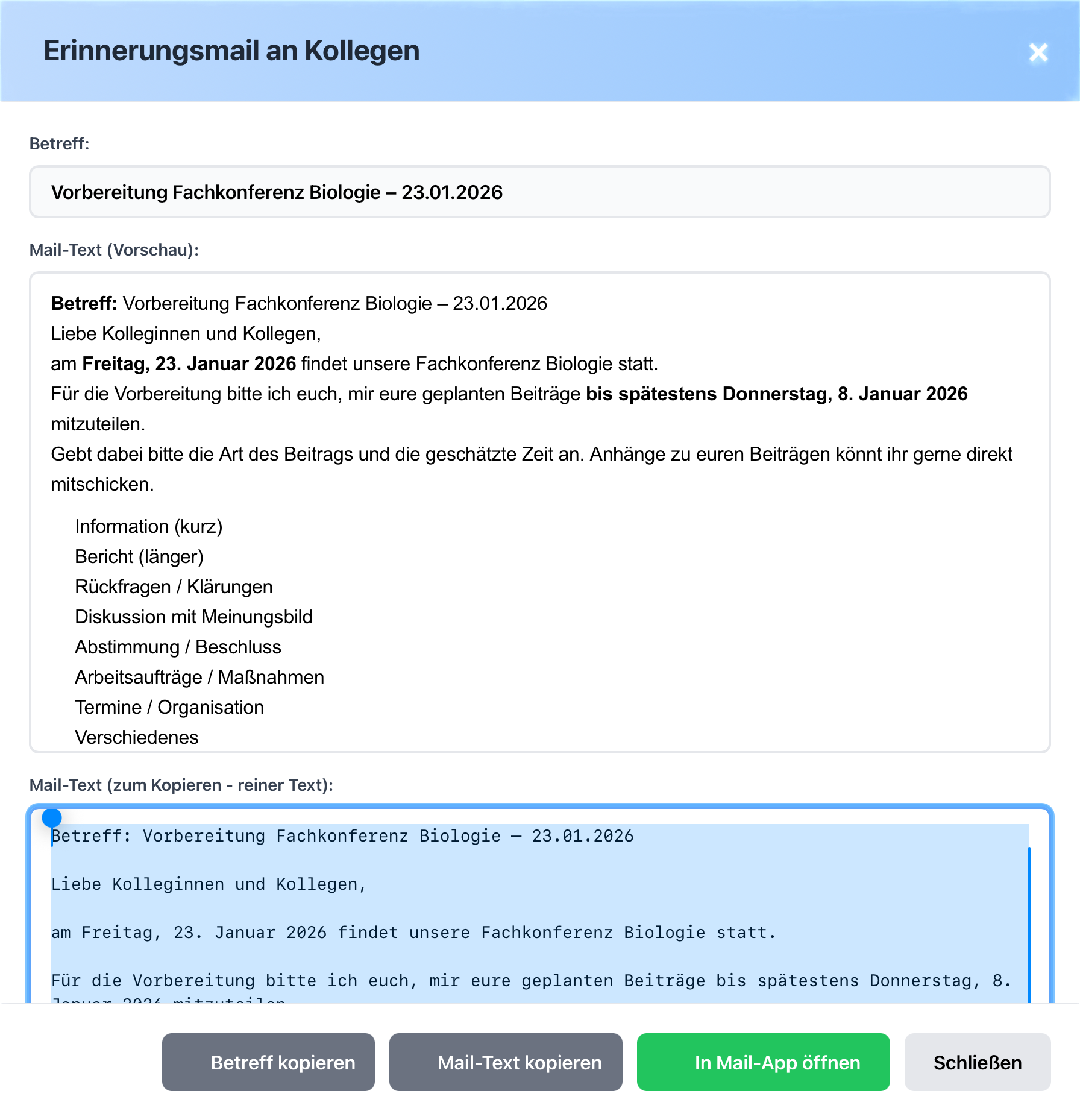 Erinnerung Kollegium