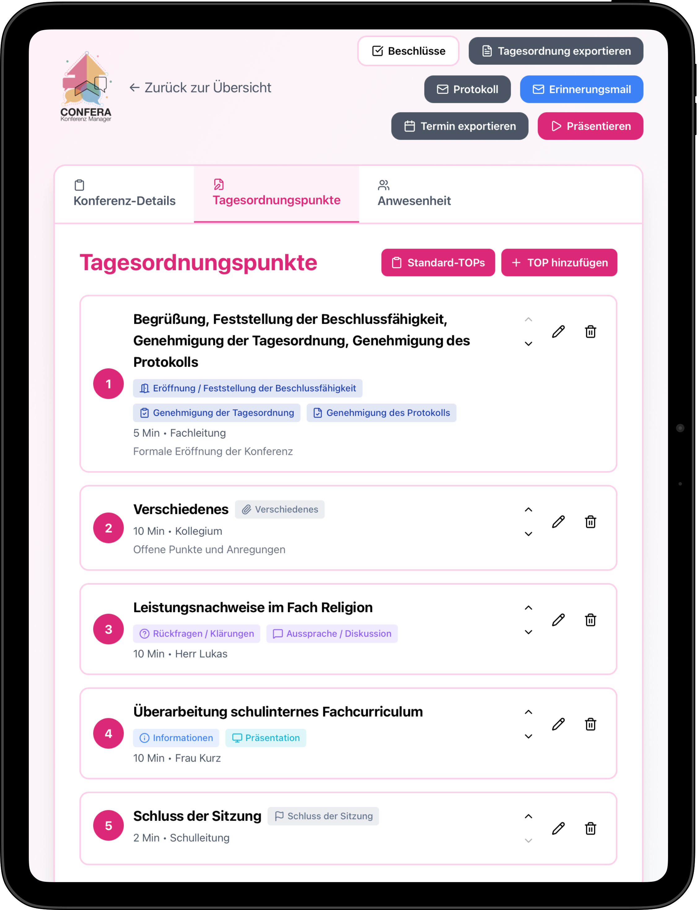 Exportierte Tagesordnung als PDF mit professionellem Layout