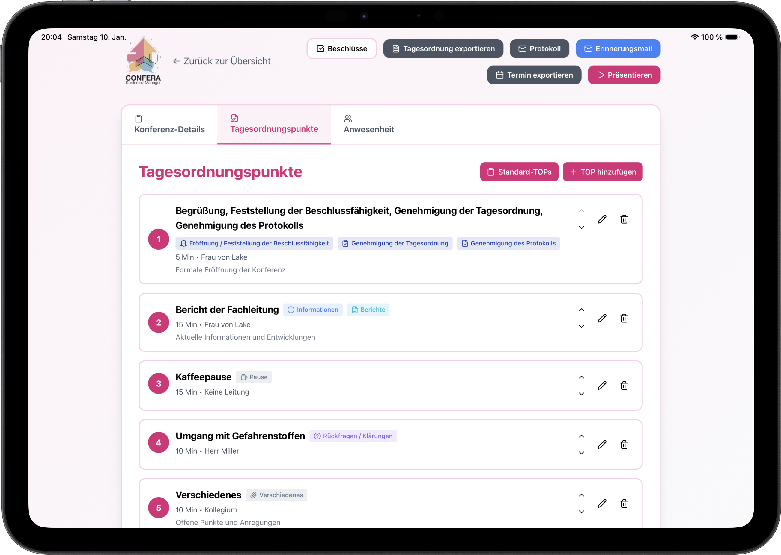 Tagesordnungspunkte verwalten und organisieren