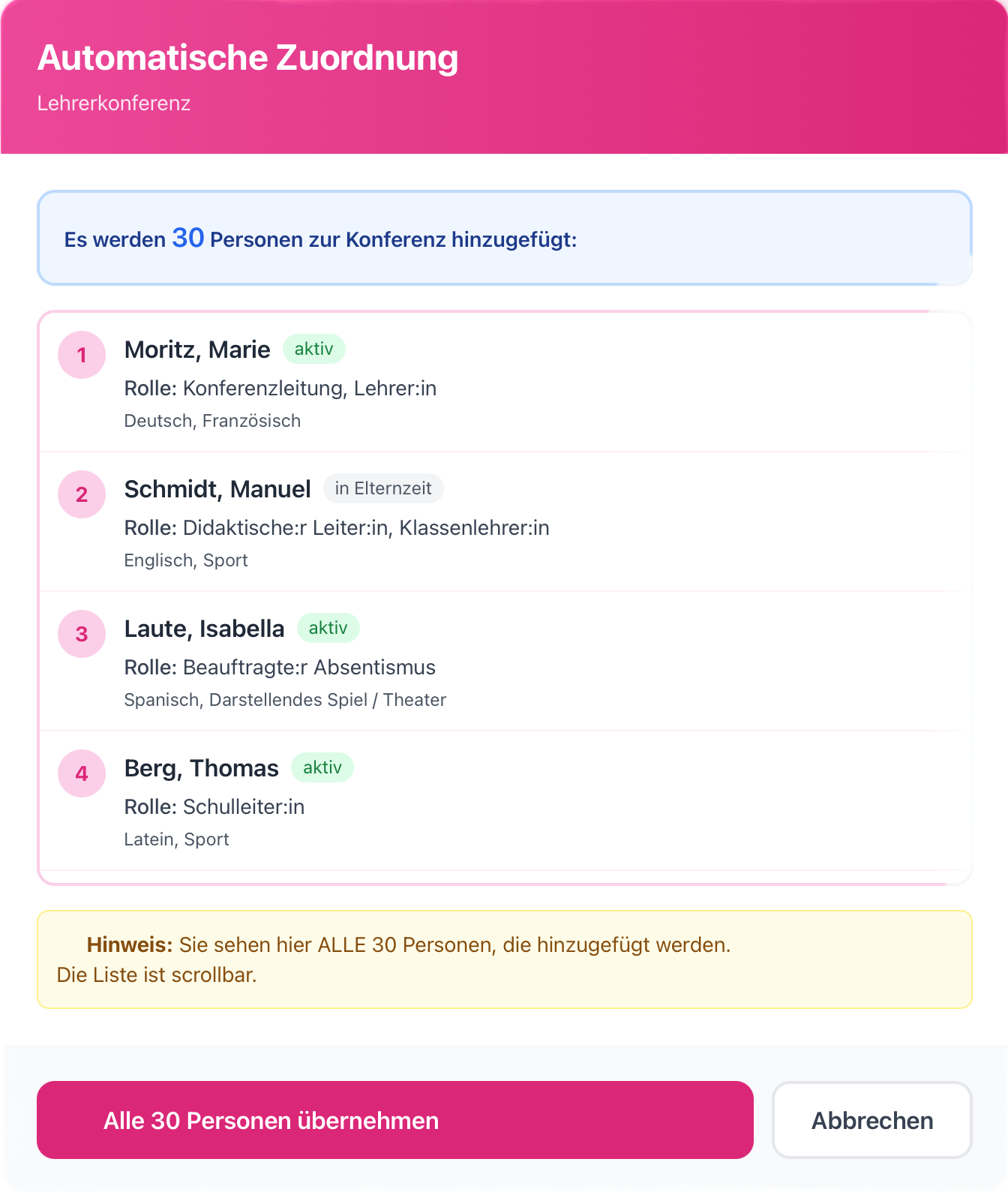 Intelligente Teilnehmer-Auswahl mit Filter nach Fächern und Rollen
