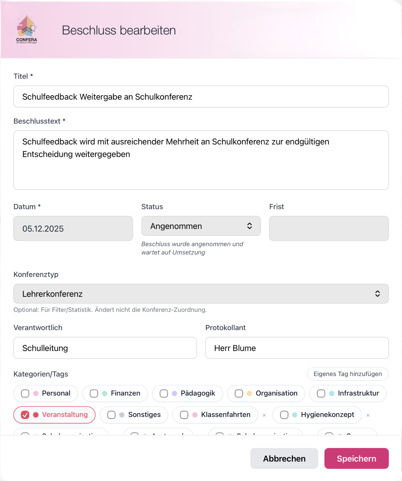 Beschlussmanager - alle Konferenzbeschlüsse filtern, suchen und verwalten